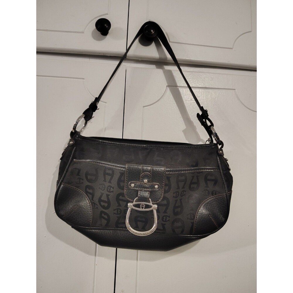 Y2K Etienne Aigner Vegan Fabric Monogram Equestrian Shoulder Handbag Black